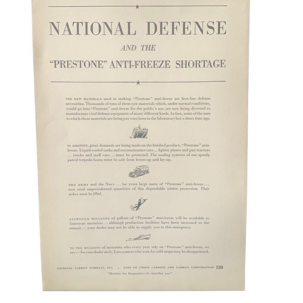 Vintage 1941 Preston Anti Freeze National Defense Ad Advertisement